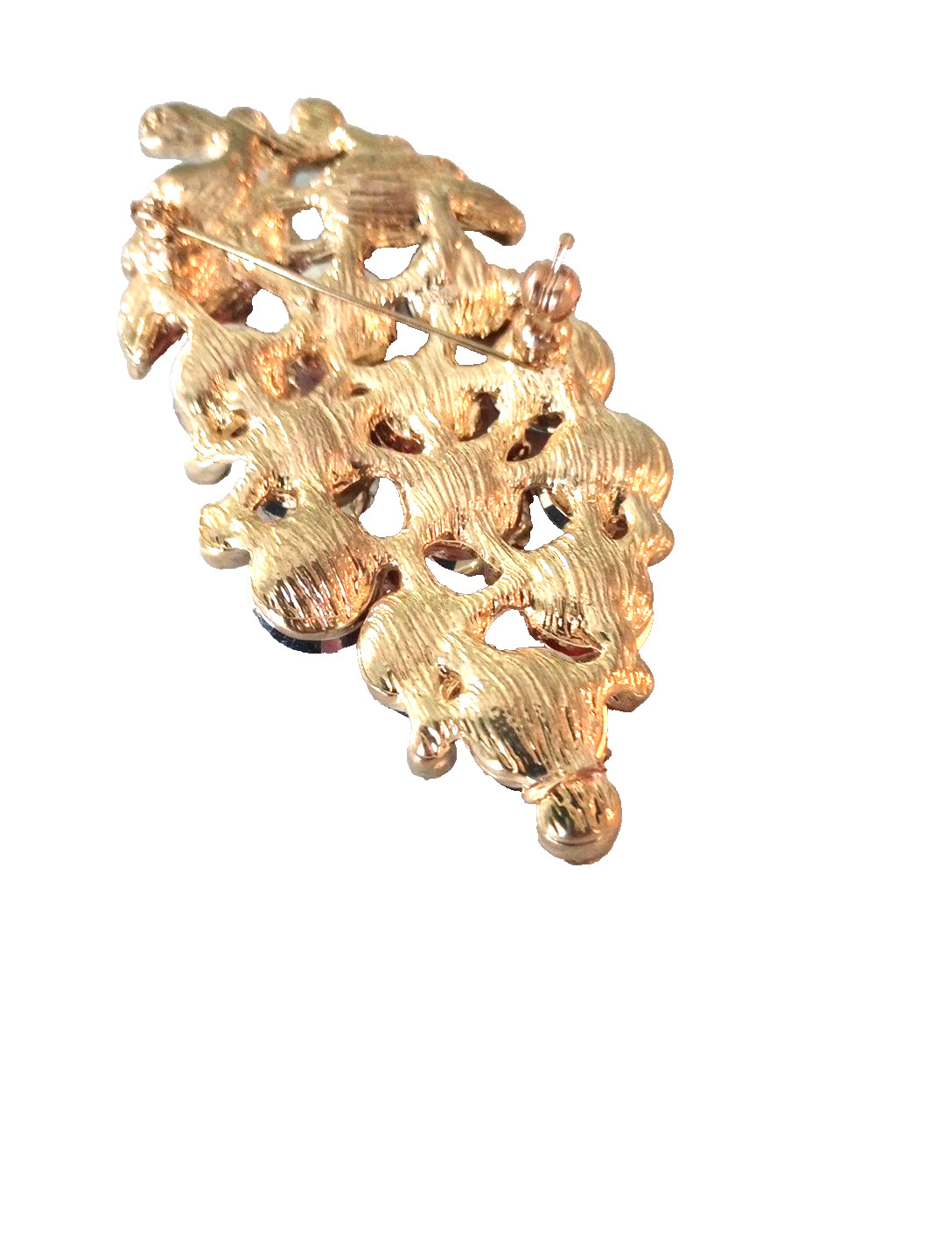 Vintage Red Crystal Brooch Grape Cluster Green Leaves 80s NOS Large 3 1/4 In