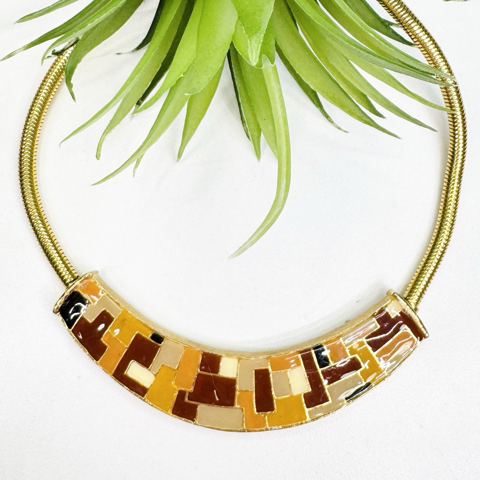 Vintage Neutral Tone Mosaic Enamel Gold Tone Necklace Tan Brown Yellow Orange