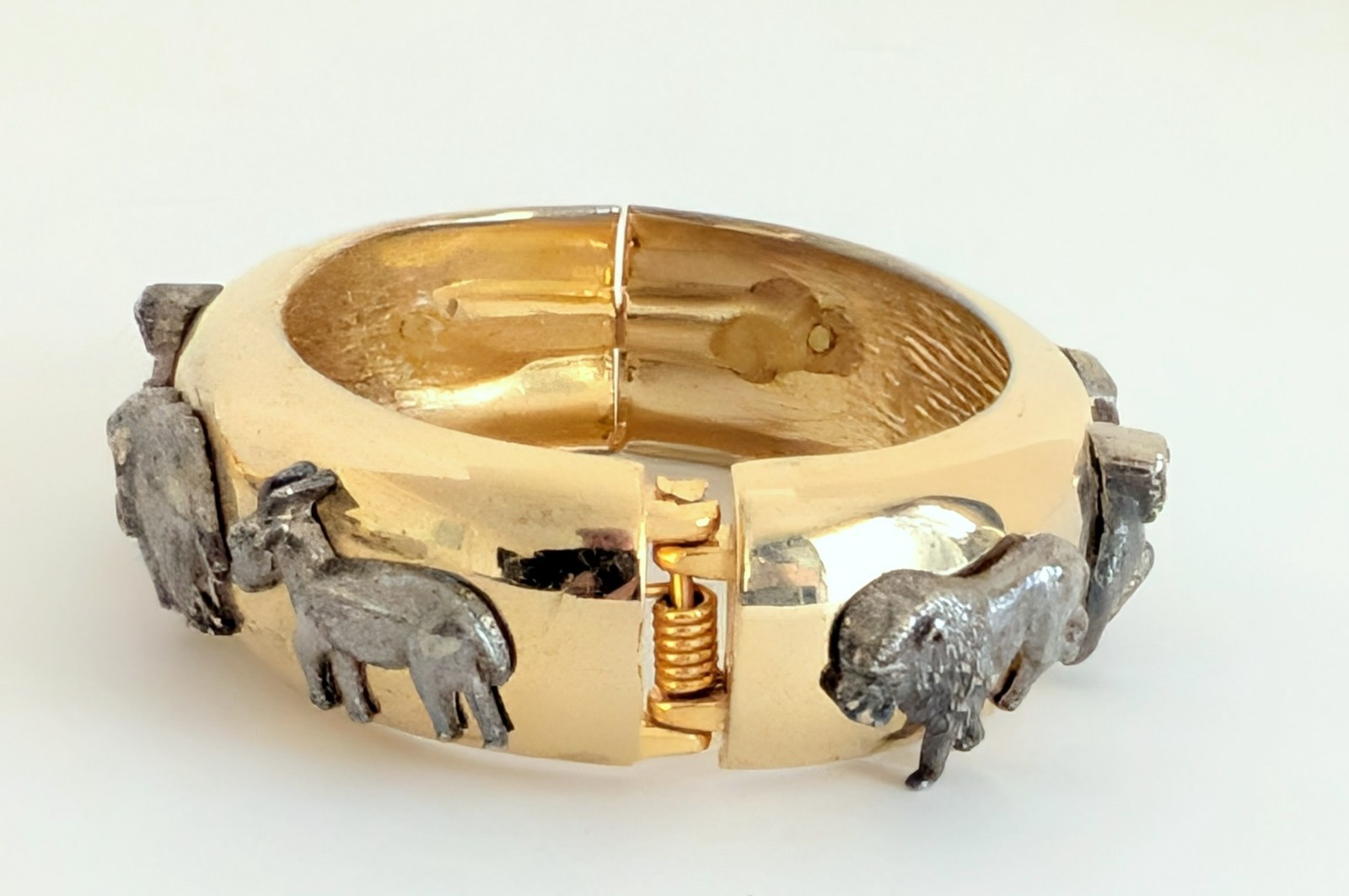 Vintage Gold & Silver Tone Animal Safari Statement Bracelet Monkey Elephant Rare