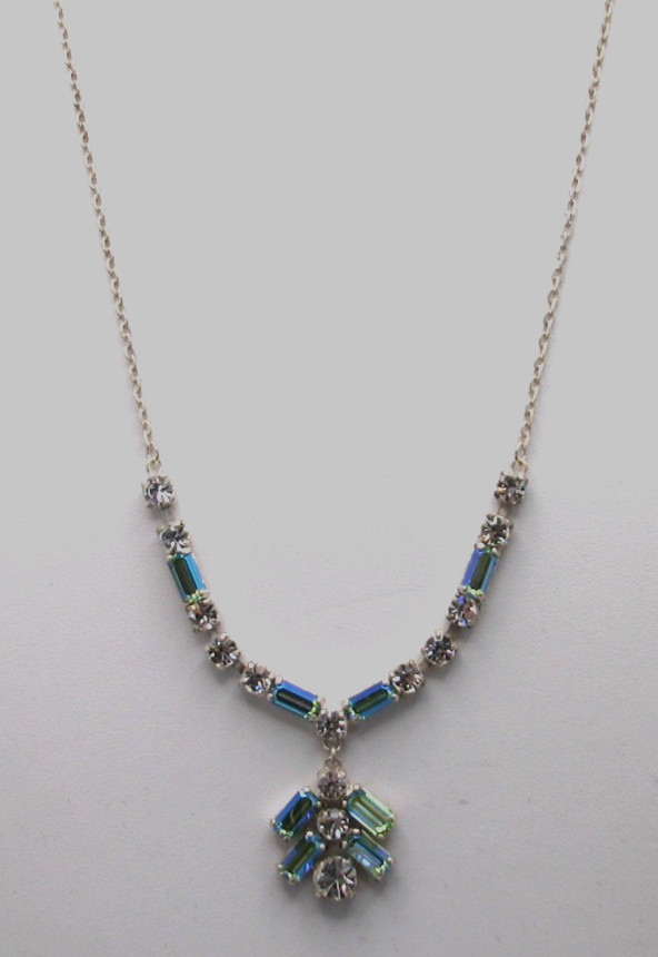 Vintage Green Baguette Rainbow Glass & Clear Rhinestone MCM Necklace Silver Tone