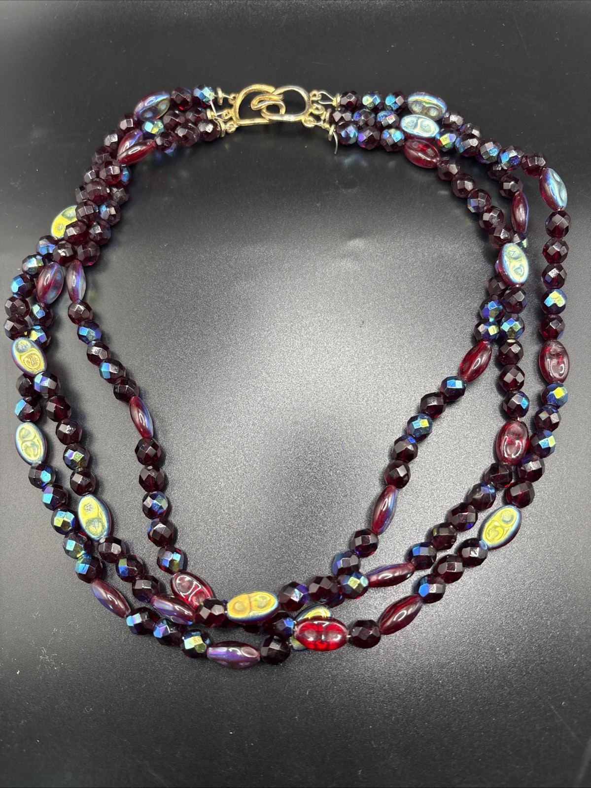 Vintage Red Glass Beaded Necklace multi strand Iridescent Statement Molded 20”