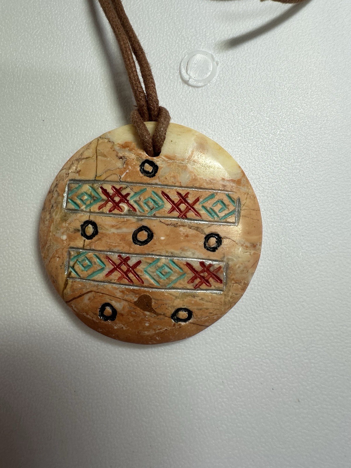 New Brown/Tan Natural Stone Pendant Hand Carved Painted On Leather Cord 26”