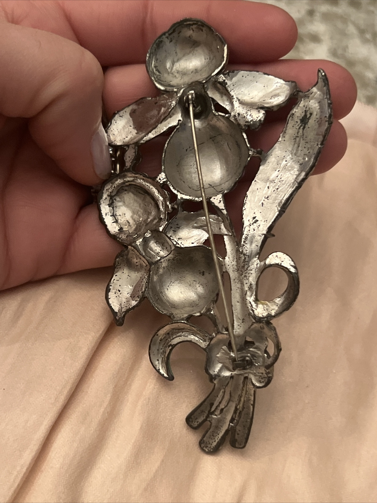 antique pin Flower Enamel Paint Rhinestone Marcasite Metal 4.25” brooch large