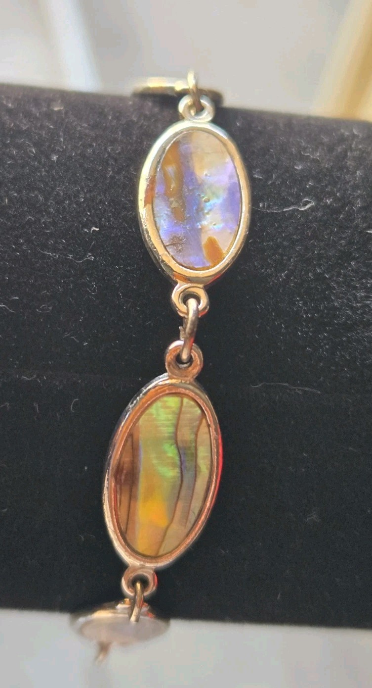 Vintage Abalone Shell Bracelet Oval Link Iridescent Paua Silver Tone