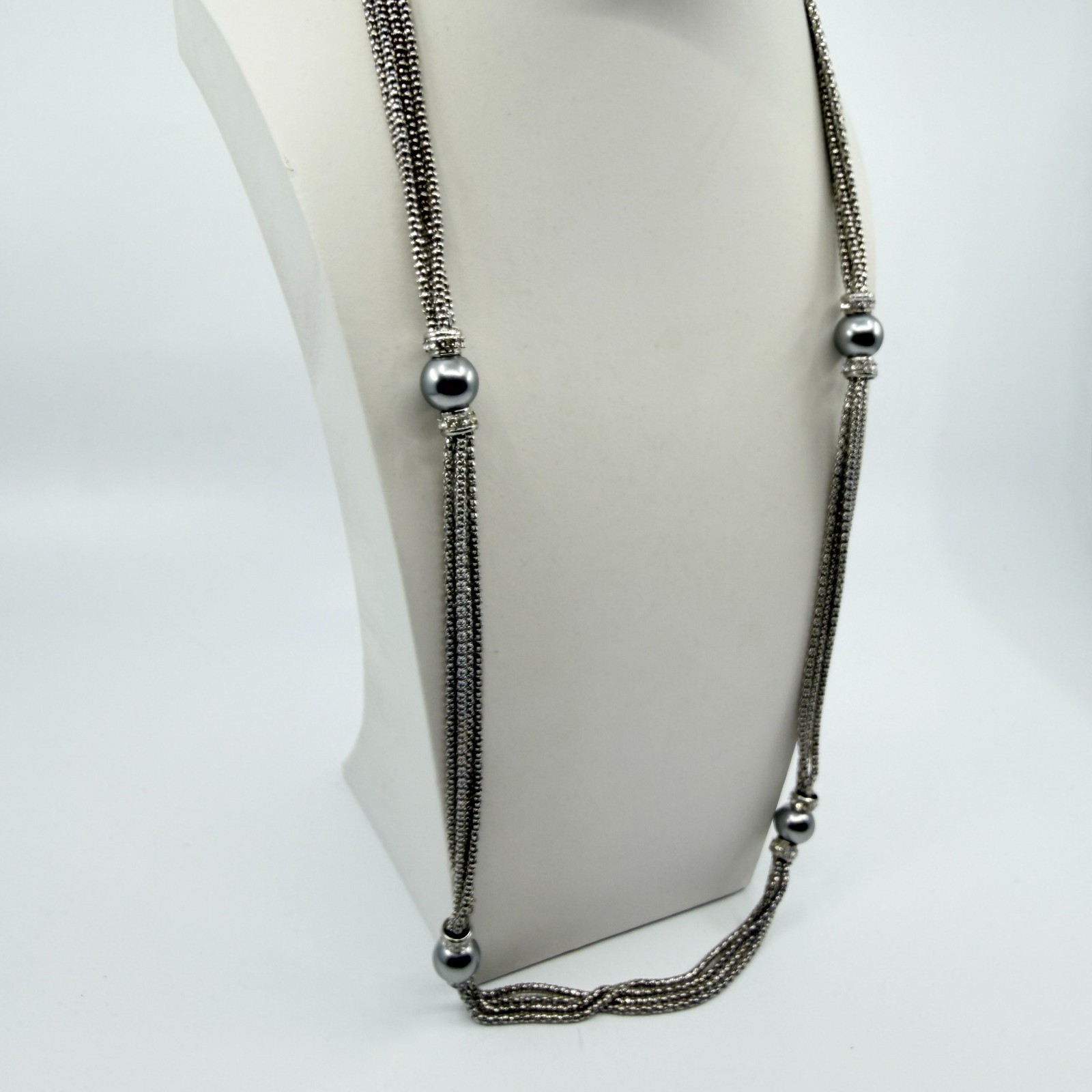 VTG Silver Tone Multi Strand Popcorn Chain Necklace Round Ball Bead Rhinestone