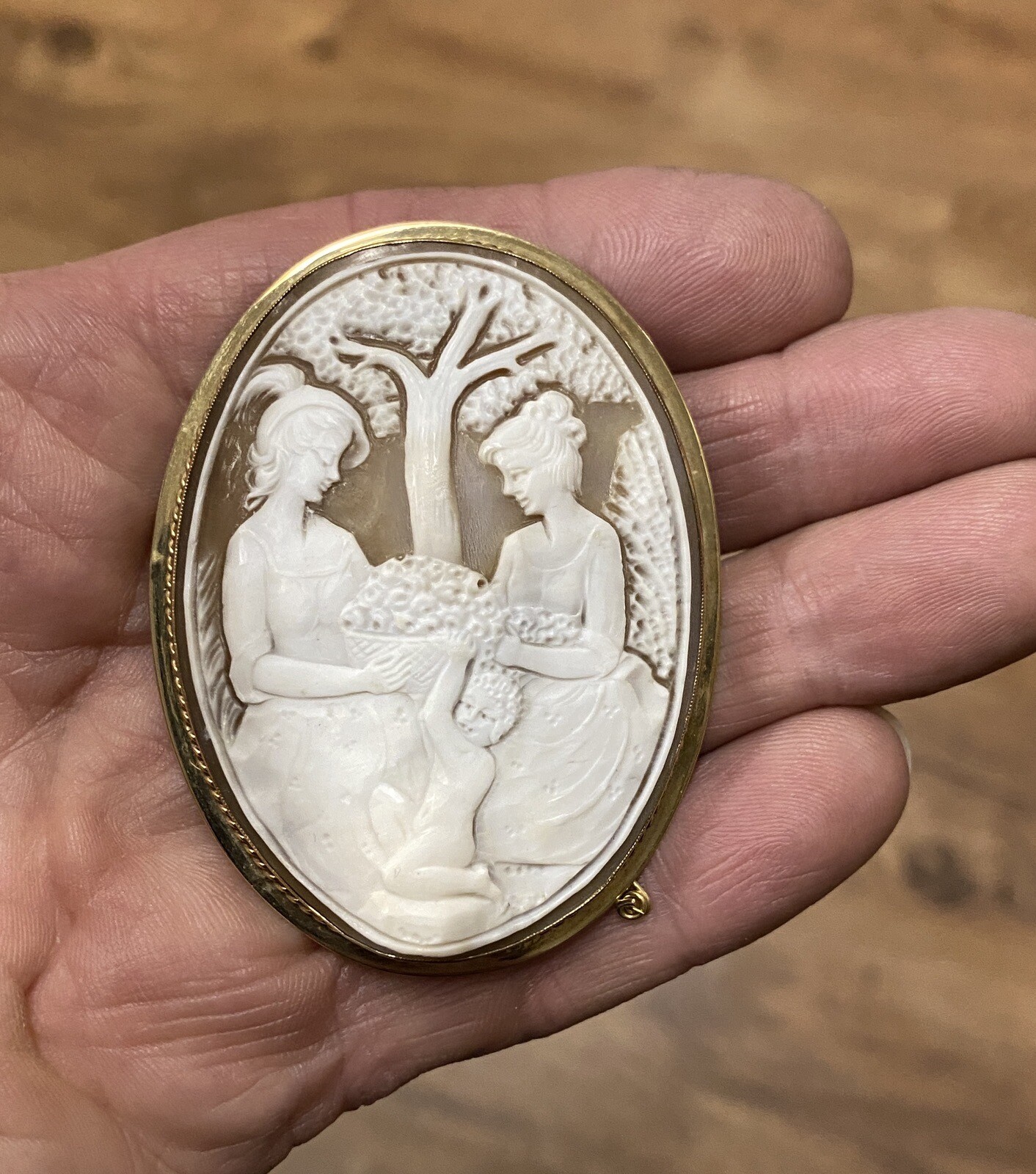 Vintage Large European 9 Karat Gold Framed Shell Cameo with Classical Scene