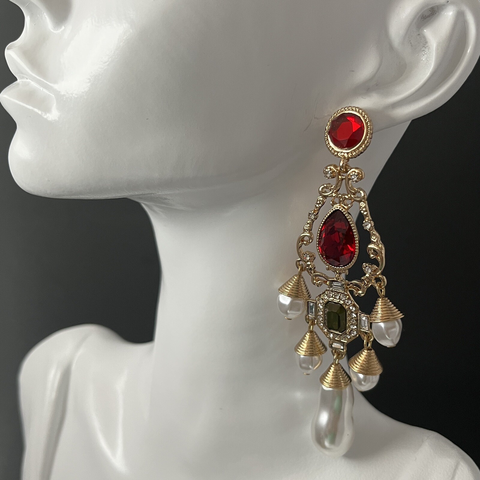 Baroque Chandelier Earrings Gold Red Faux Pearl Pierced Dangle Ornate Runway