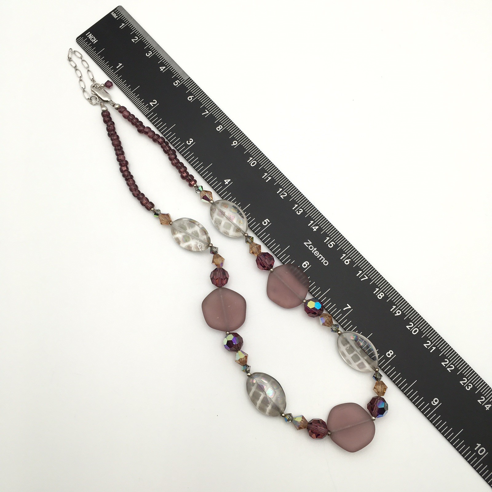 Mauve Frosted Glass Bead & Sterling Silver Necklace 15-17” 925 #23