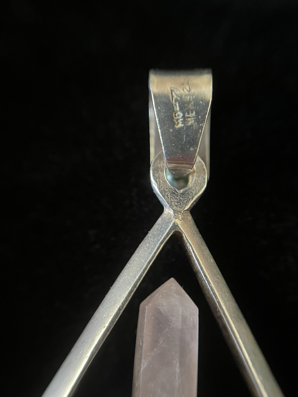 Vtg Sterling 925 Rose Quartz Crystal Pendant Taxco Mex Triangle Spiritual 2.8g