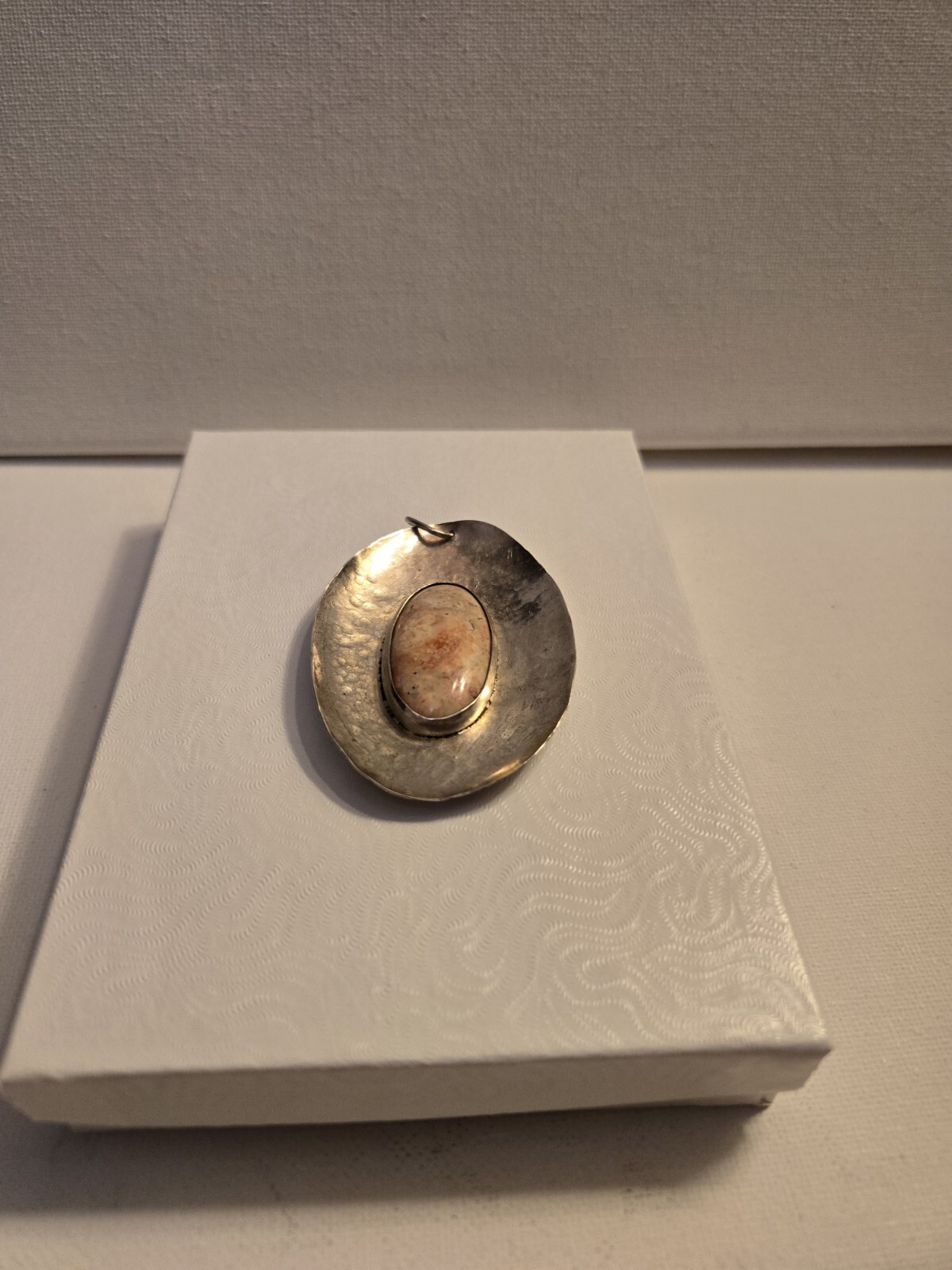 Vintage Oversized Oval Agate Hammer finish White Metal Artisan Crafted Pendant