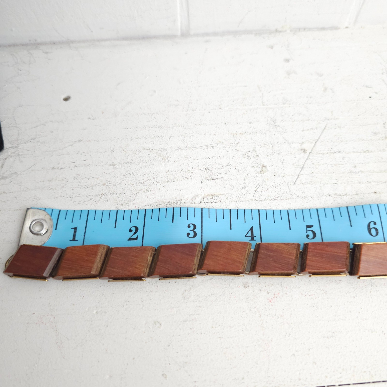 Vtg Modernist MCM Wood Tile Link Bracelet Boho 1960s 70s Earthy Natural Minimal