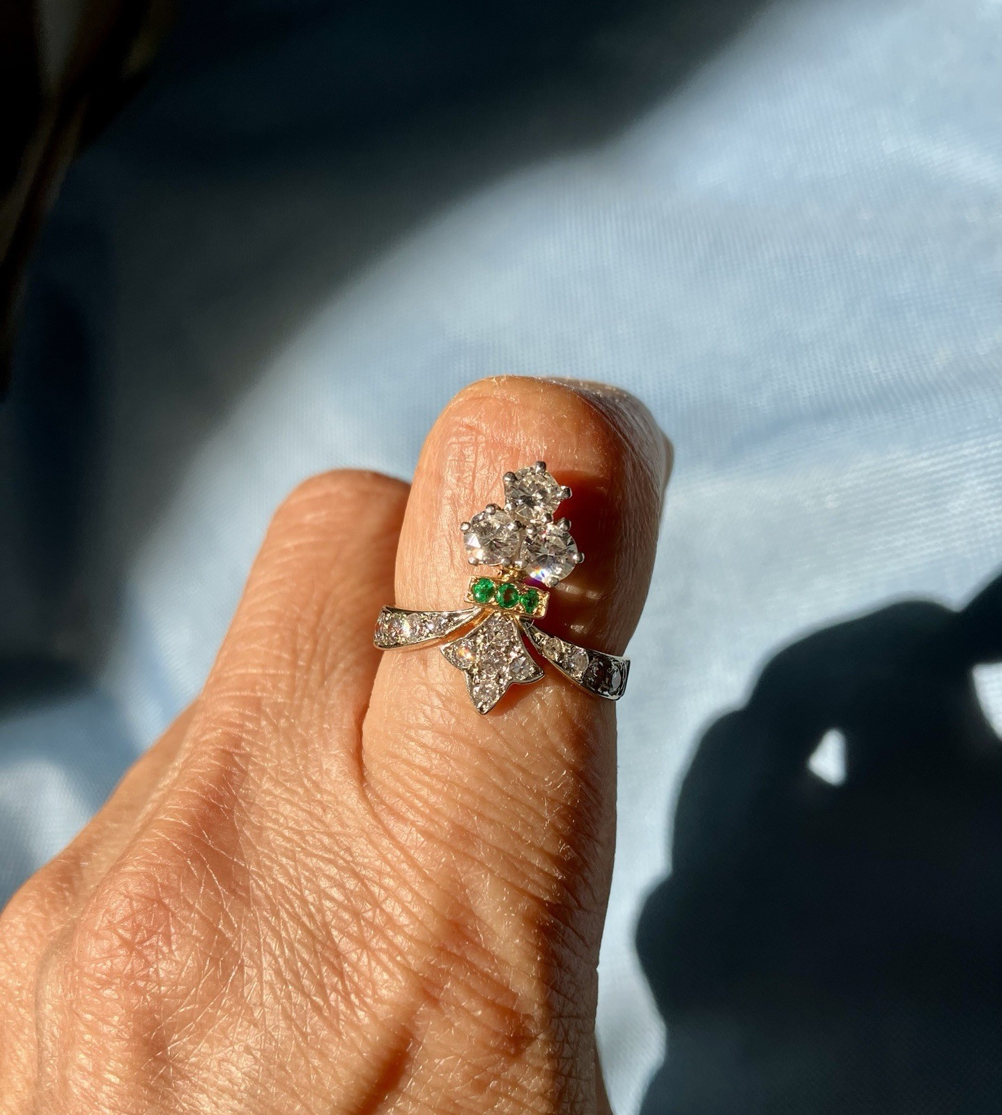 Art Deco French Duchess 18K Diamond And Emerald Ring