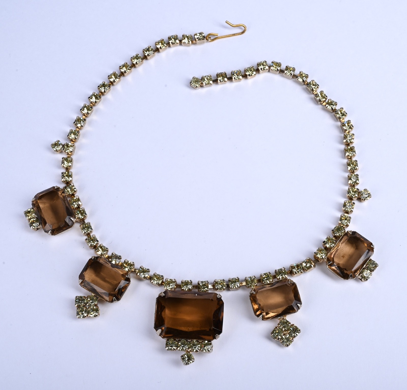 Vintage Amber Glass Rhinestone Festoon Choker Necklace Gold Tone 14″
