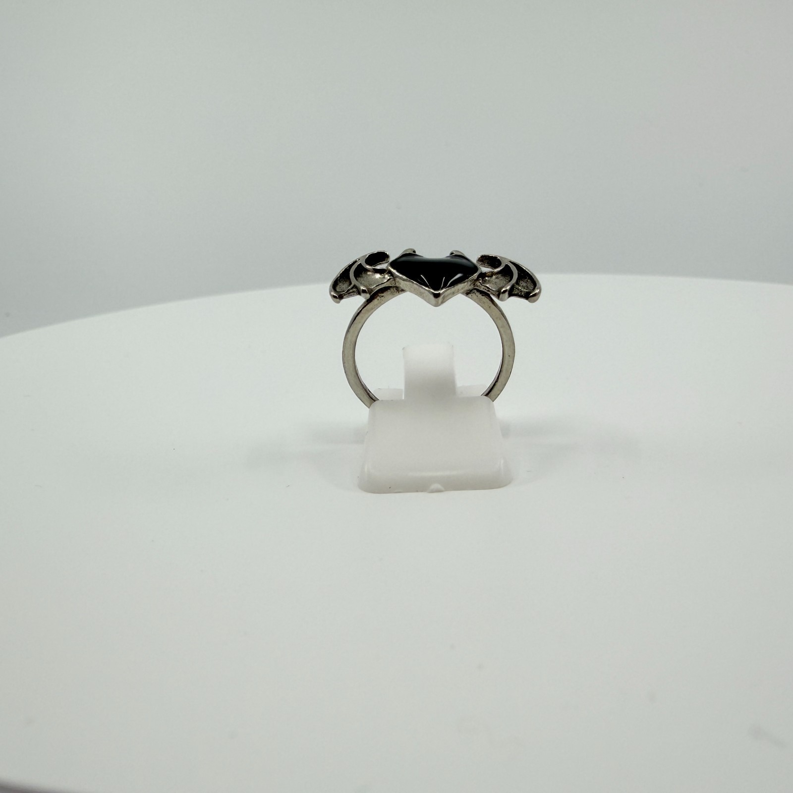 Alchemy Gothic Blacksoul Ring Silver Tone Black Heart Bat Wings Statement Vtg