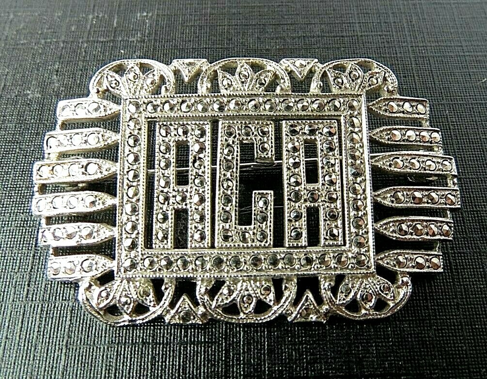 ANTIQUE LARGE LADIES STERLING SILVER ACA MARCASITE STONES PIN BROOCH 9.40 Grams