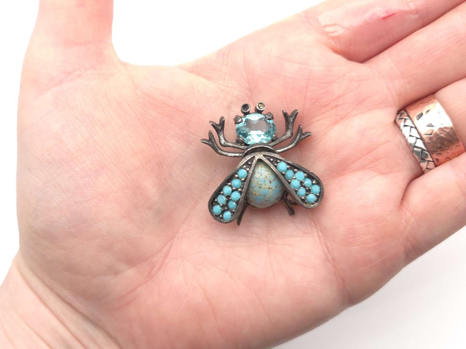 Vintage WEISS Blue Glass Rhinestone Faux Turquoise Bee Bug Beetle Brooch Pin