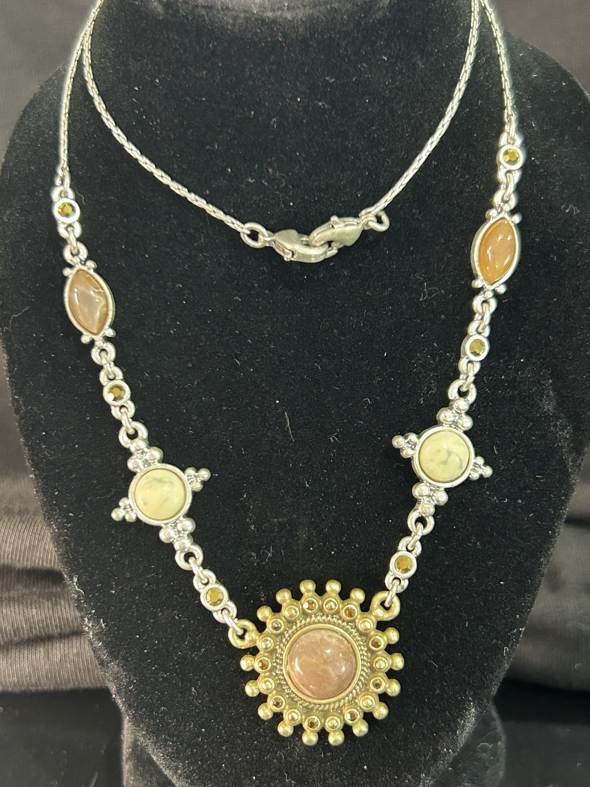 Vintage Necklace Round Mix Metal Stones 18” Double Claw Clasps