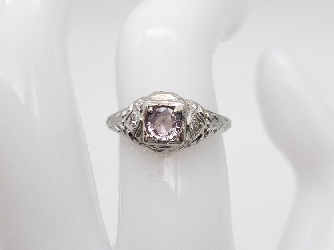 Antique 1920s Certified NO HEAT Purple Pink Sapphire Diamond 18k White Gold Ring