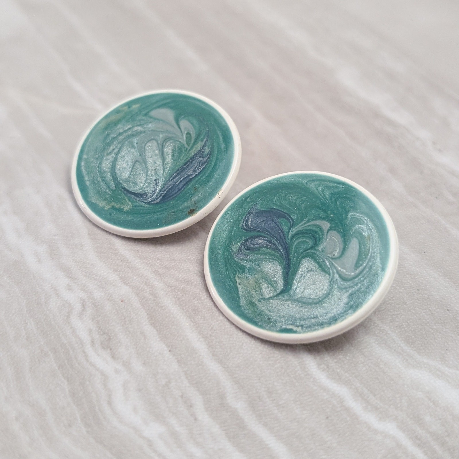 Vintage Stud Earrings Large Circle White, Blue, Green, Teal Tones Statement