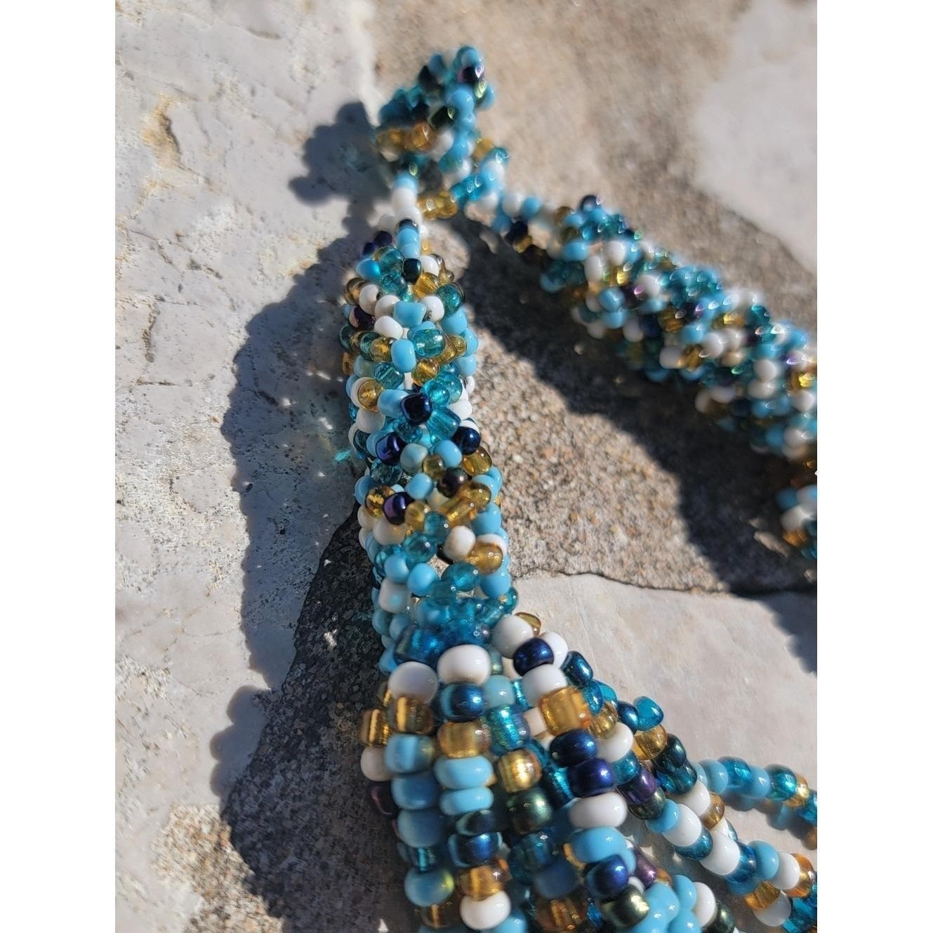Vintage Blue White Gold Multi Strand Seed Bead Necklace Boho Statement Unsigned
