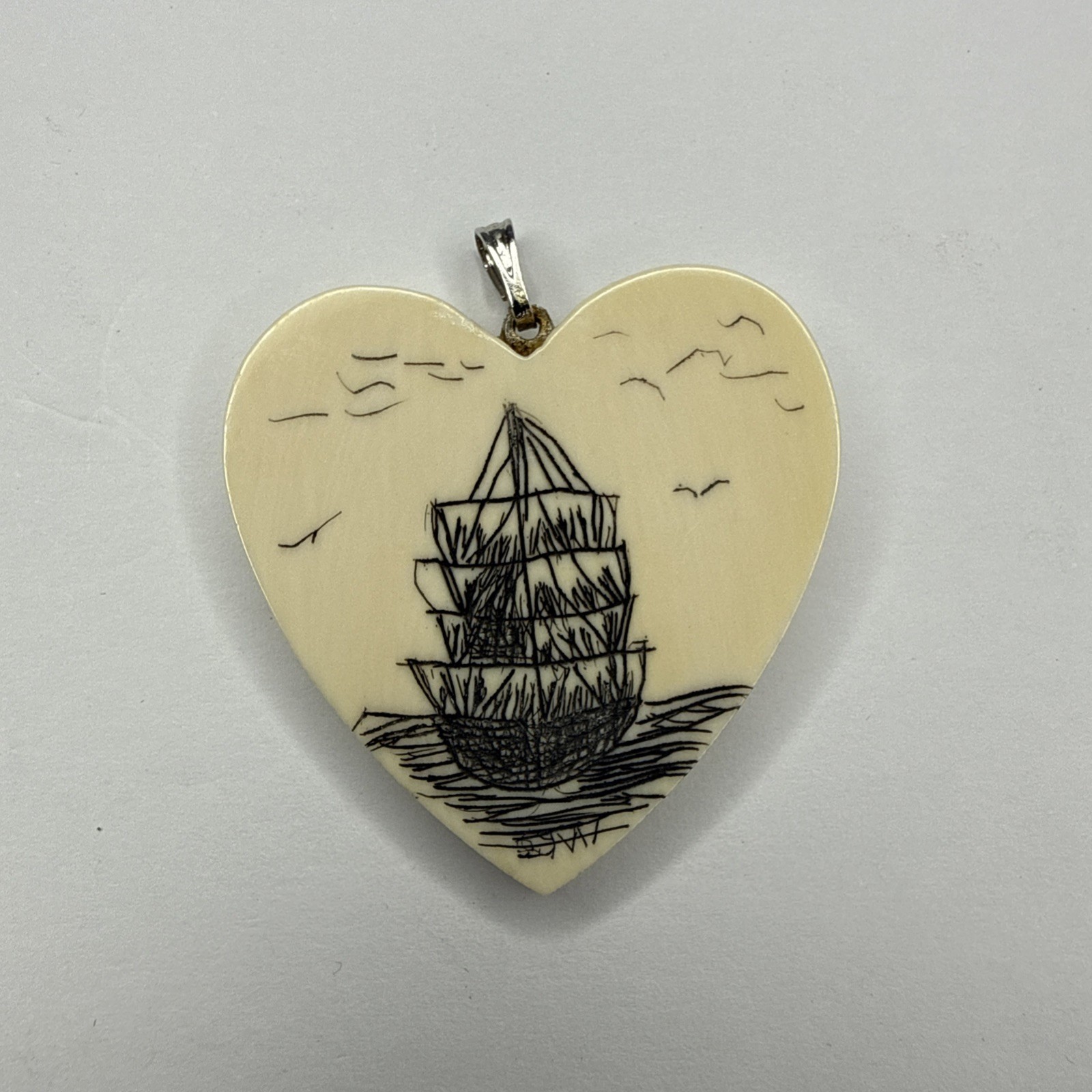 Vintage Scrimshaw Hand Etched Sailing Ship Pendant