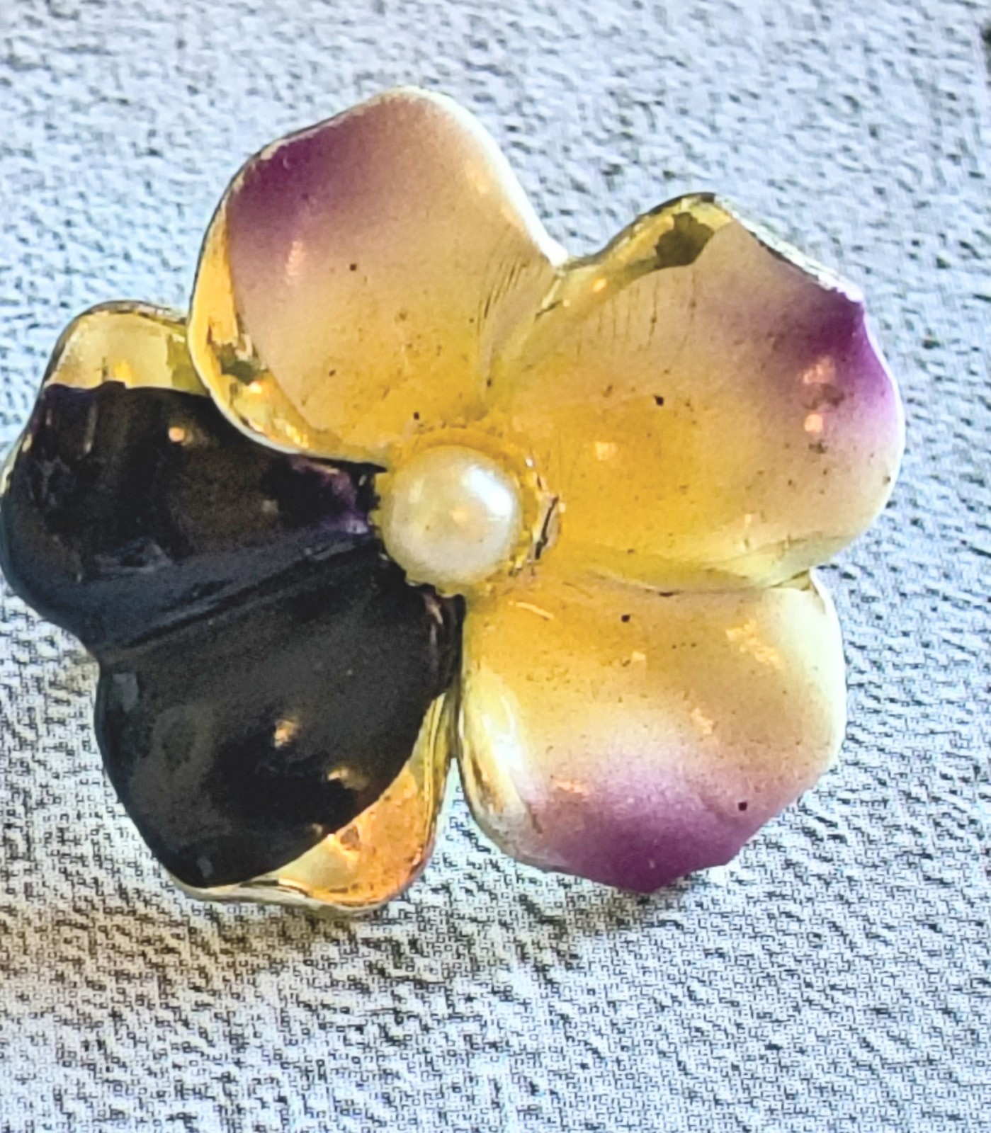 Vintage 40s Spring Flower Earrings Enamel Pansy Yellow Purple Screw Back