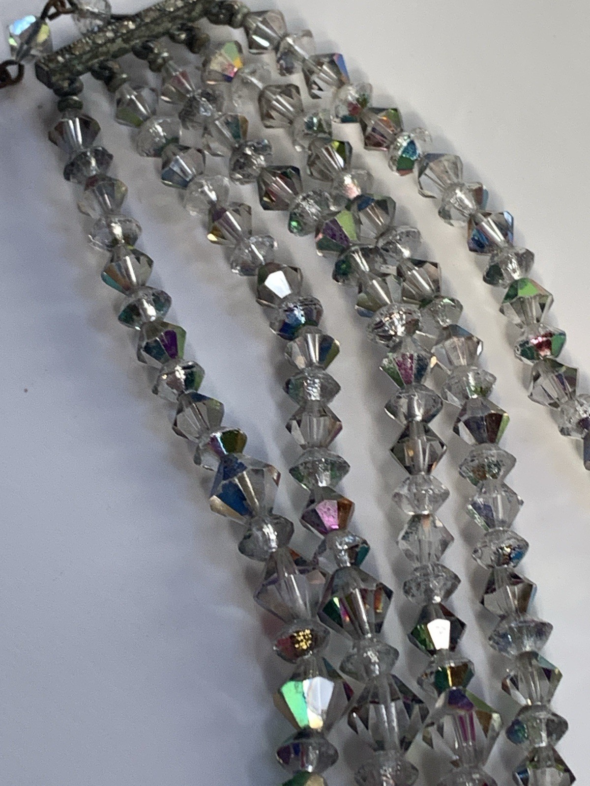 Aurora Borealis Multi Strand Collar Necklace Glass Beaded Bicone AB Silver Vtg