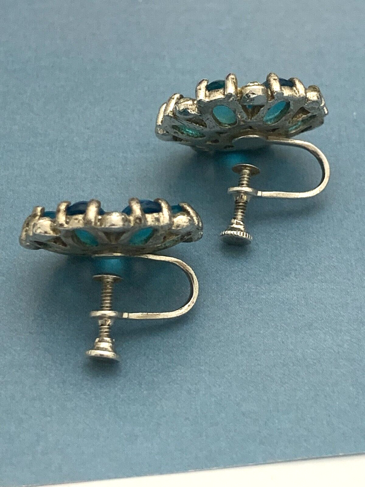 Vintage Sterling Silver 925 Earrings Gripoix Blue Glass Cabochons Screw Back