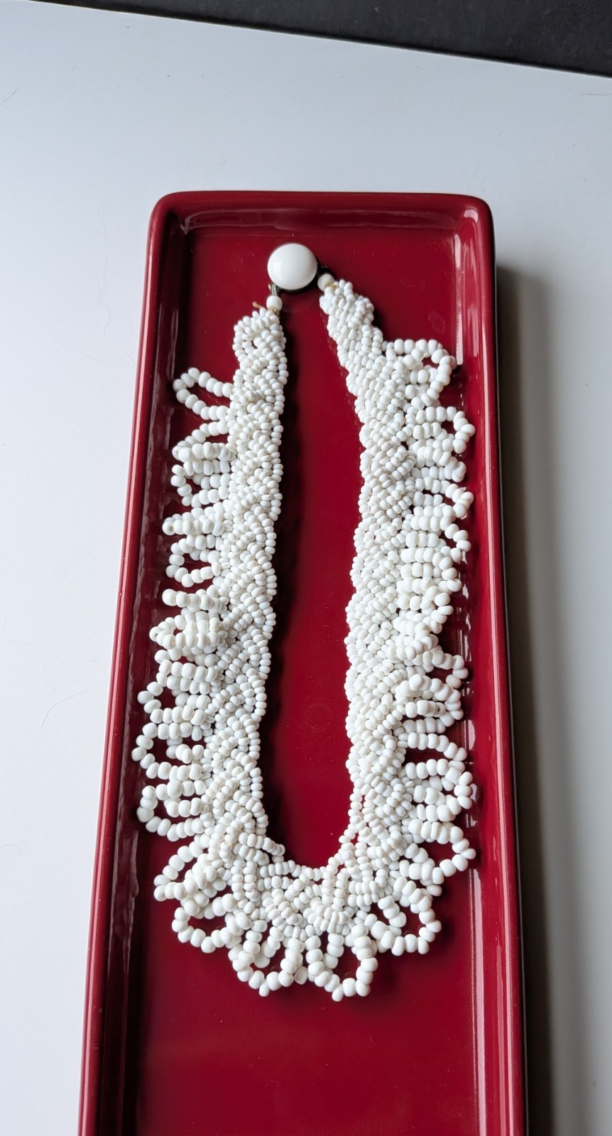 Vtg Japan MCM White Braided Seed Bead Scallop Fringe Collar 15″ Necklace AS IS