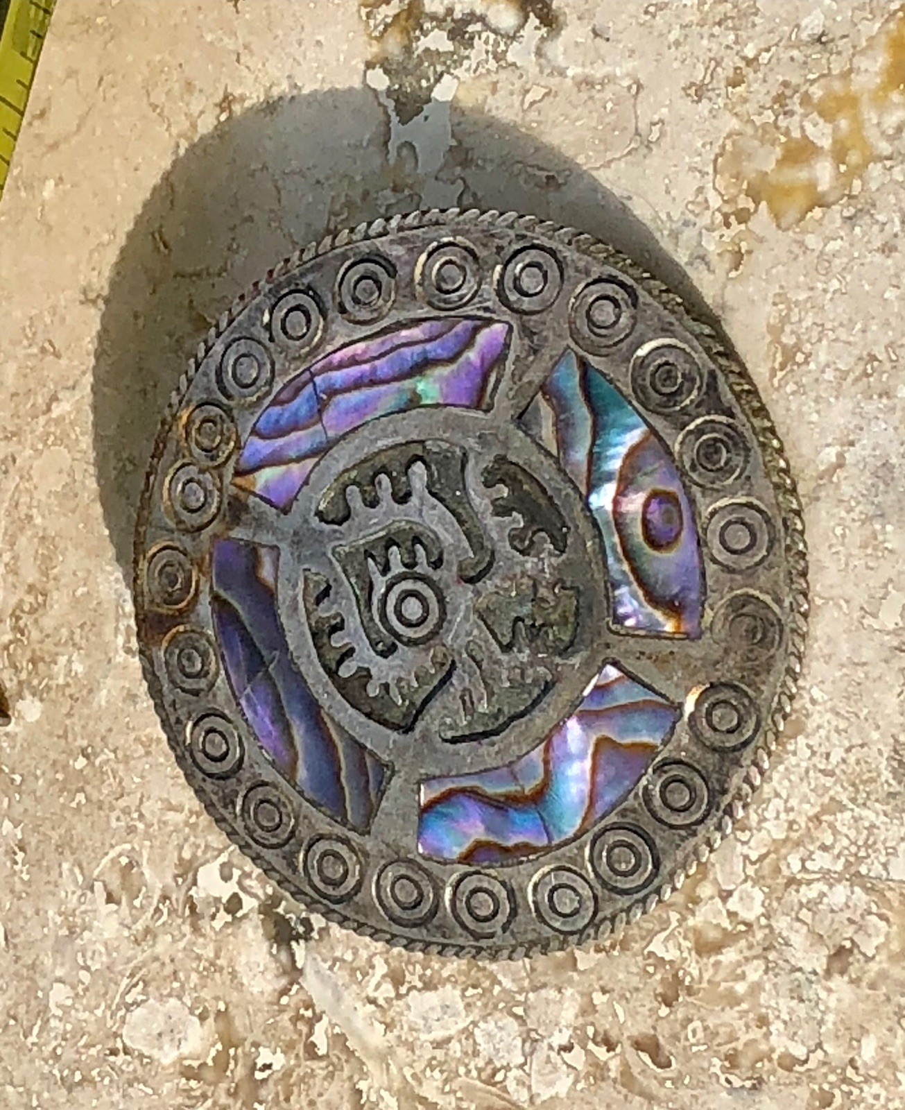 🌈 ✨VTG TAXCO Mexico 925 Sterling Silver TRB RAINBOW ABALONE Aztec Sun Pendant