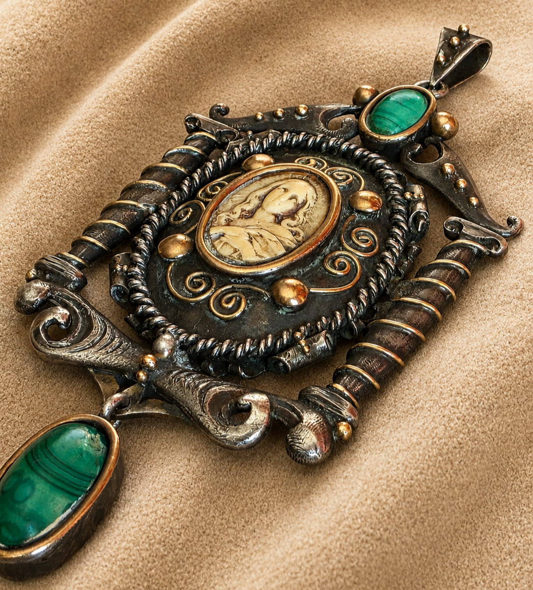 Antique Gold Silver Religious Pendant Virgin Mary Malachite Large Rare
