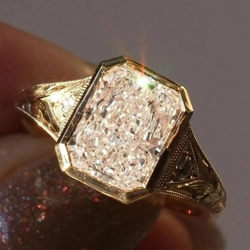 Art Deco Style Radiant Cut Lab Created Diamond 14K Yellow Gold FN Wedding Ring