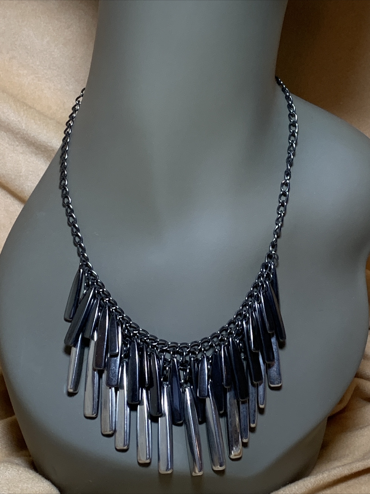Vintage signed NY Layered Large Fringe Necklace 2 Tone Silver Unique Boho Gypsy