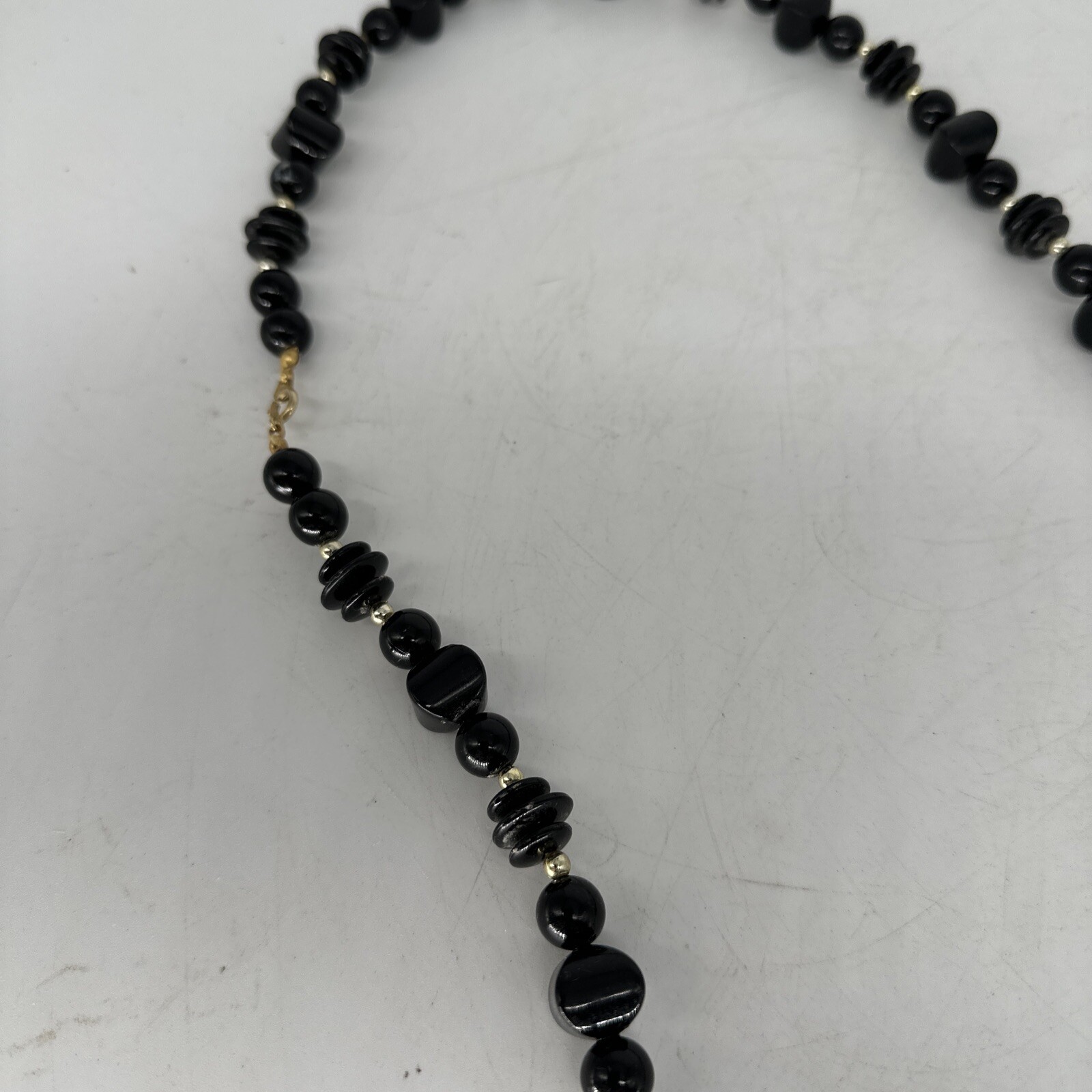 Vintage black irregular plastic bead with silver tone spacers 28″ necklace