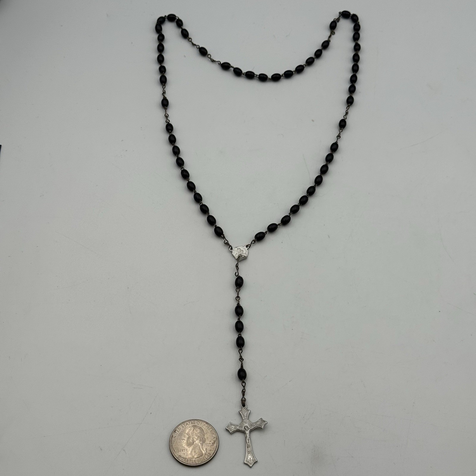 VTG Black Beaded Rosary Italy Marked 16″ Sterling Silver 925 7.4g