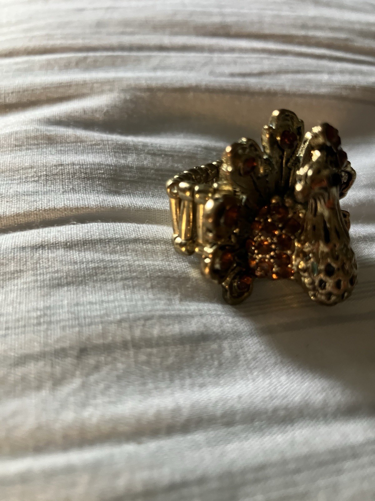 Peacock Expanding Ring Gold Tone Amber Color Fashion Jewelry Vintage Statement