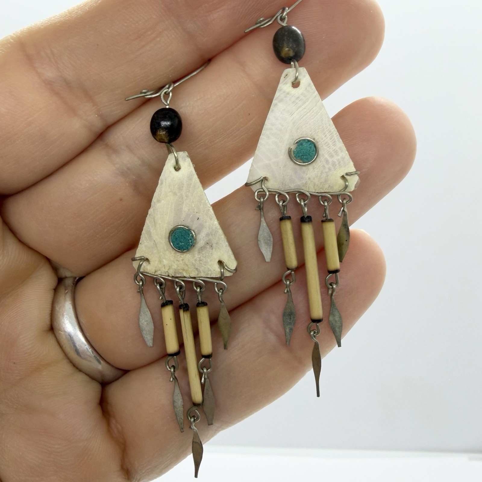 Vtg Tribal Scale Bamboo Chandelier Dangle Earrings Hook Ethnic Nature