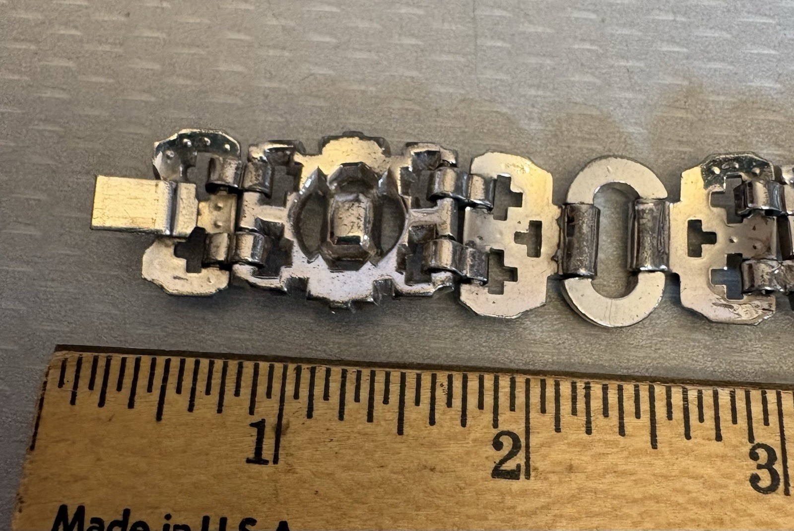 30s Art Deco Rhinestone Bracelet Baguettes Emerald Cut Crystal Pot Metal 7″
