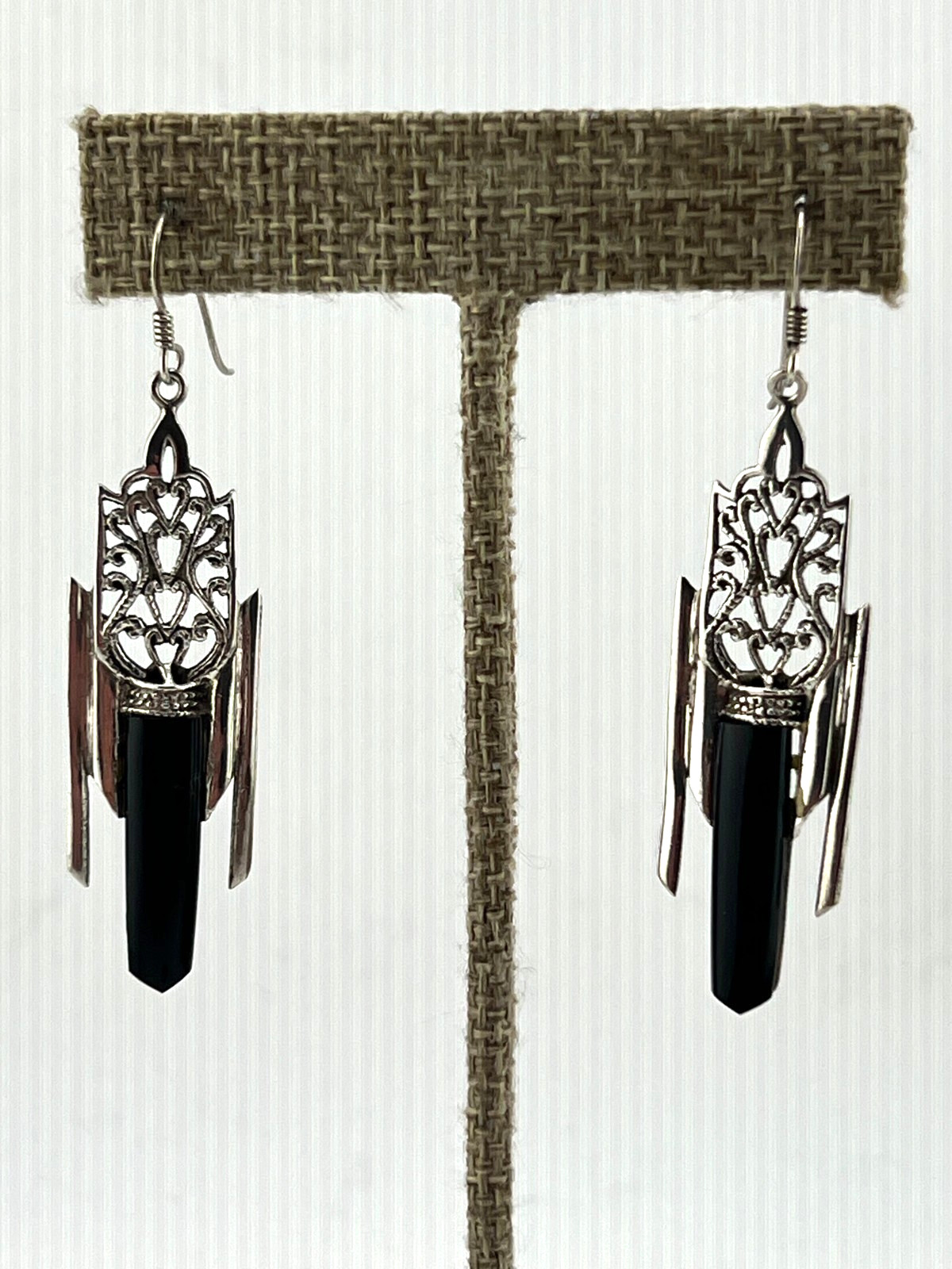 Art Deco Revival Black Onyx dangle earrings 925 Sterling silver EUC