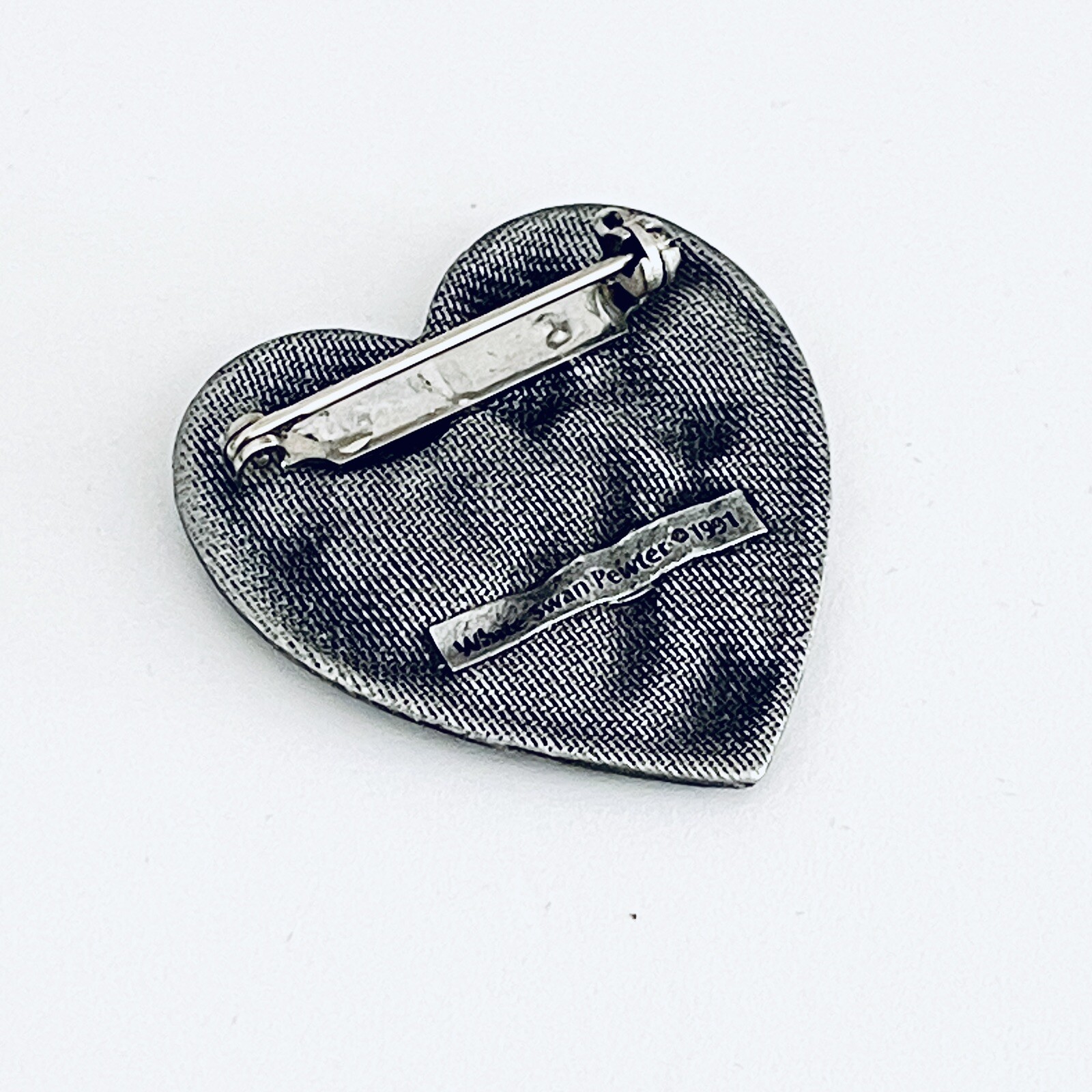 Vintage White Swan Pewter Heart Pin Brooch