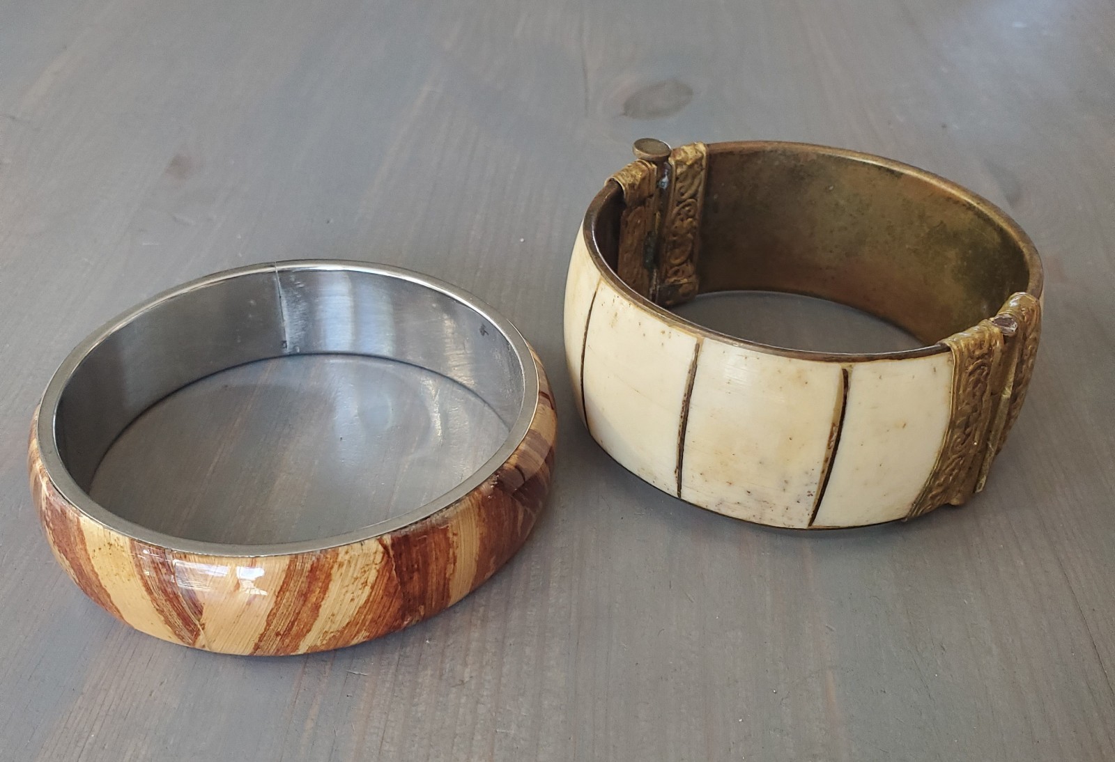 Lot Of Vintage Bangle Bracelets. Brass And Bone. Lucite And Wood.