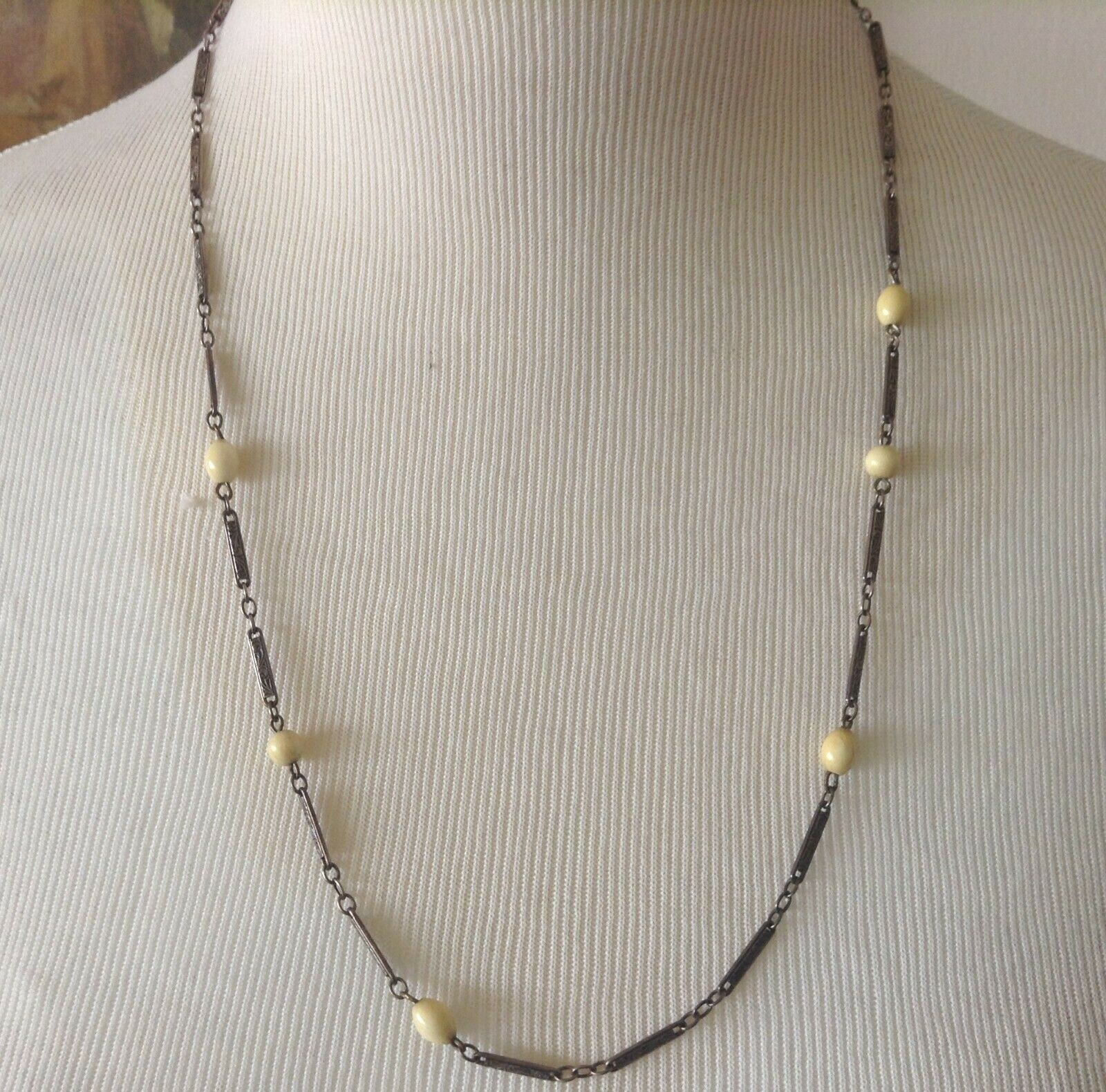 Vintage Sterling Silver Stamped Link Necklace Off White Bead Stations 25″ 13.06g