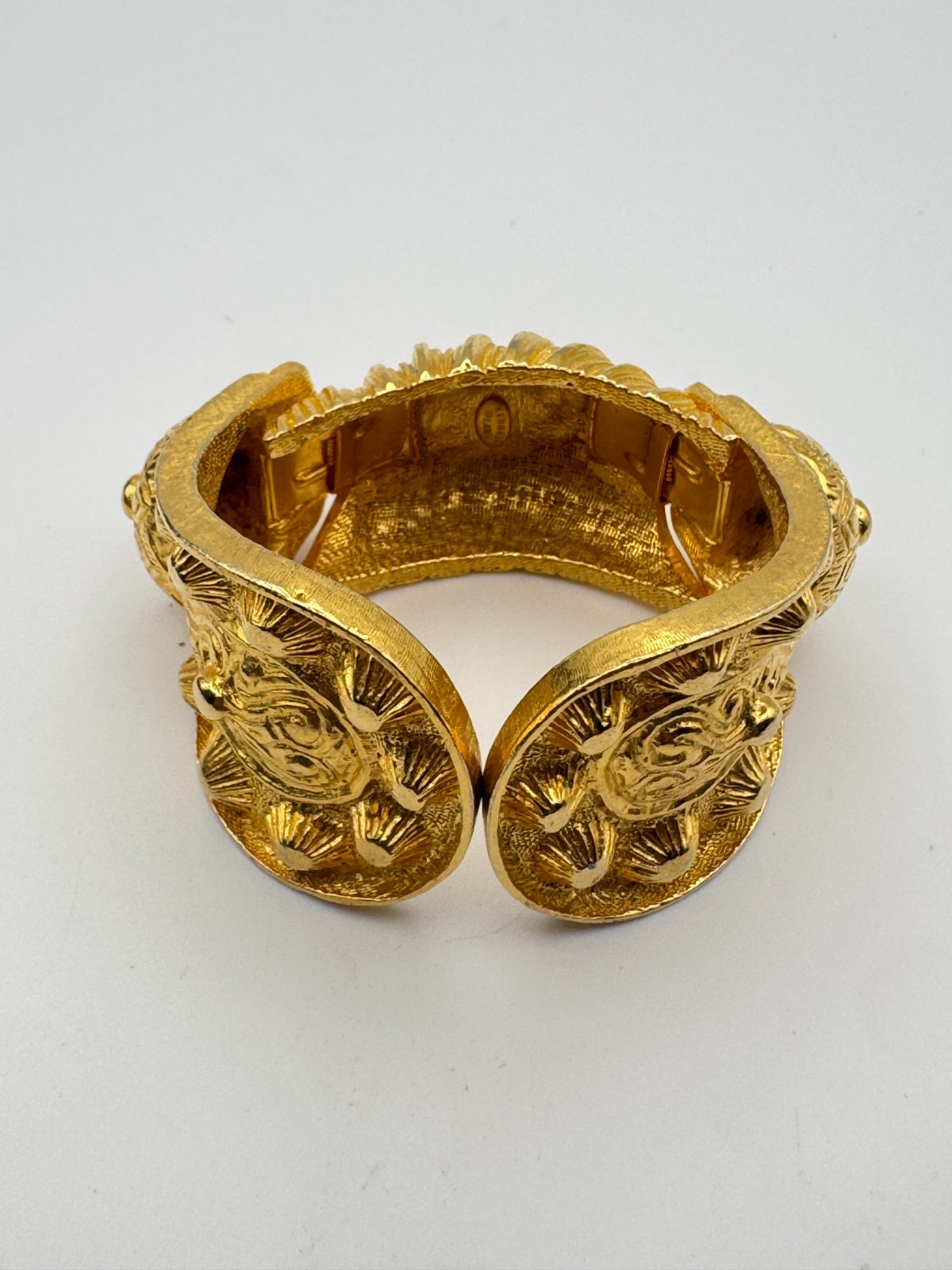 Vintage Kenneth Lane Clamper 1960s Etruscan Bracelet Gold Plated Heavy Cuff KJL
