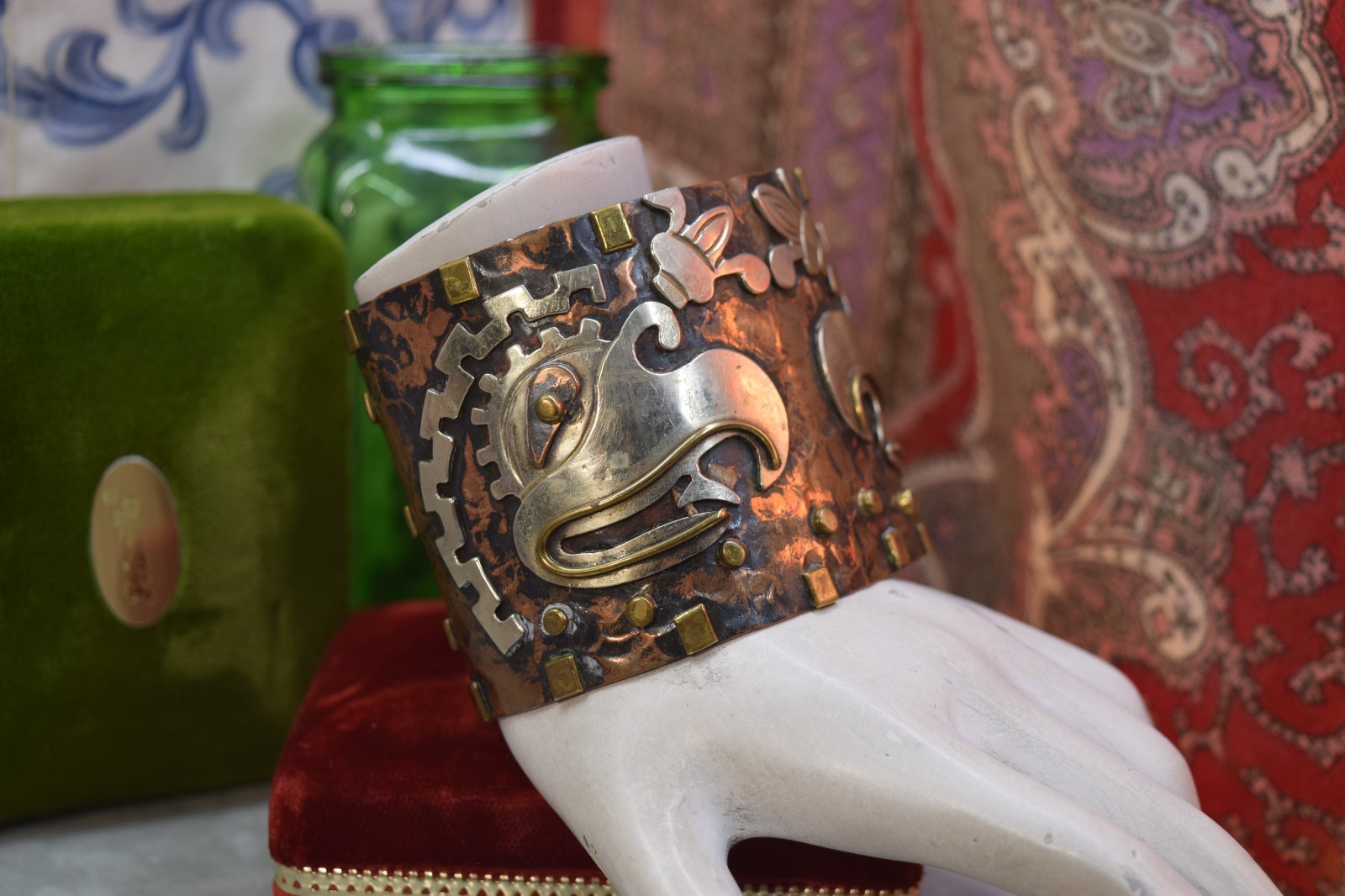 Vintage Mexico Mixed Metal Huge Aztec Bracelet Sterling Copper Brass 8″