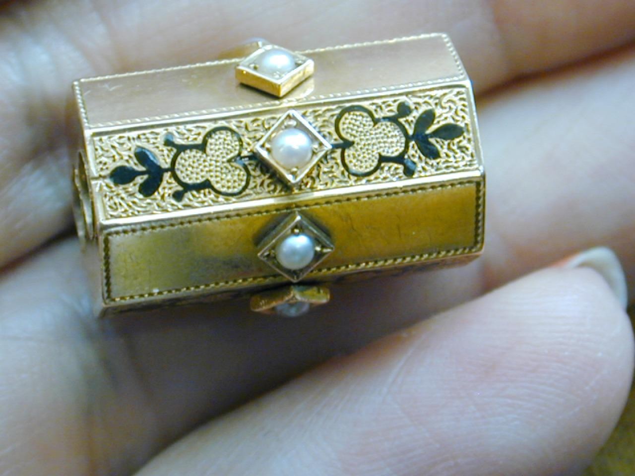 Incredible HUGE 14k Black Enamel Seed Pearl Slide Charm Octagon