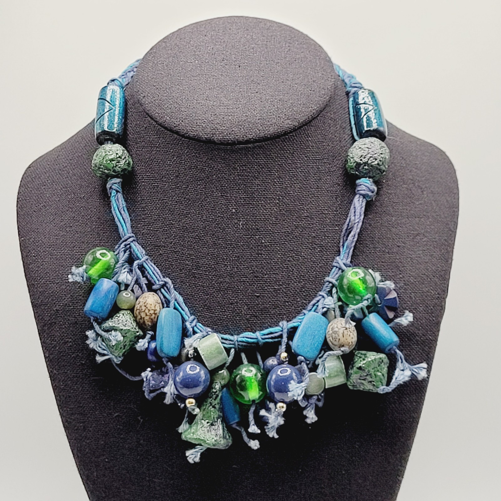 Eclectic Artsy Artisan Braided Cotton Mixed Material Beaded Vintage Necklace