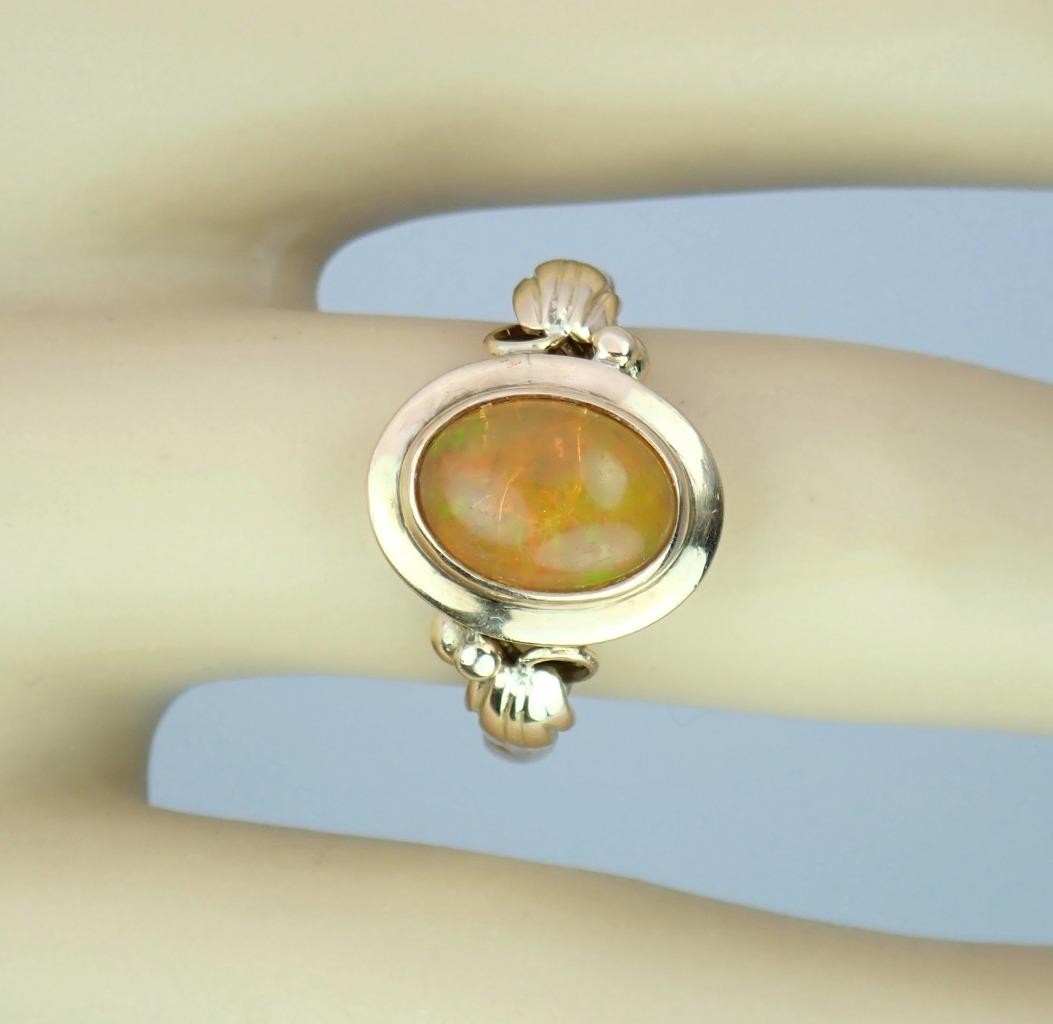Glowing Antique Victorian Solid 14K Rose Gold Ethiopian Opal Grape Vine Ring S 5