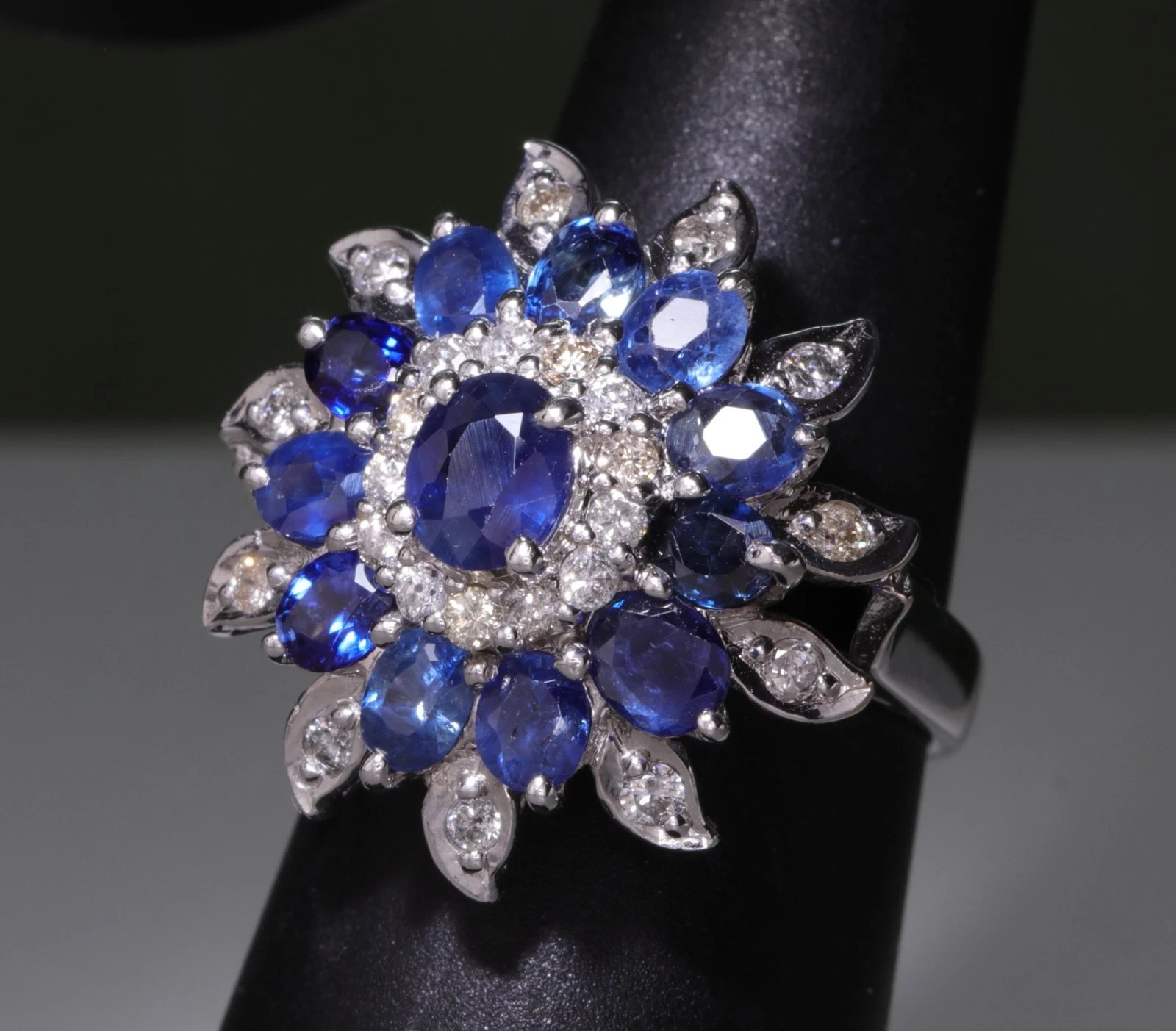 Blue Sapphire and Diamond Right Hand Ring 14K White Gold – Size 6.5