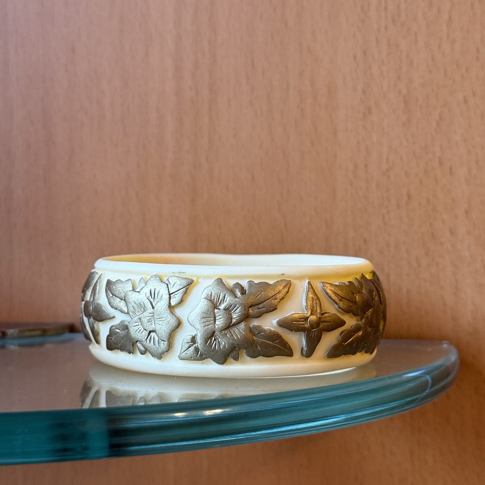 French Ivory? Celluloid Bangle Carved Floral Rose Motif Matte Finish Circa 1920?
