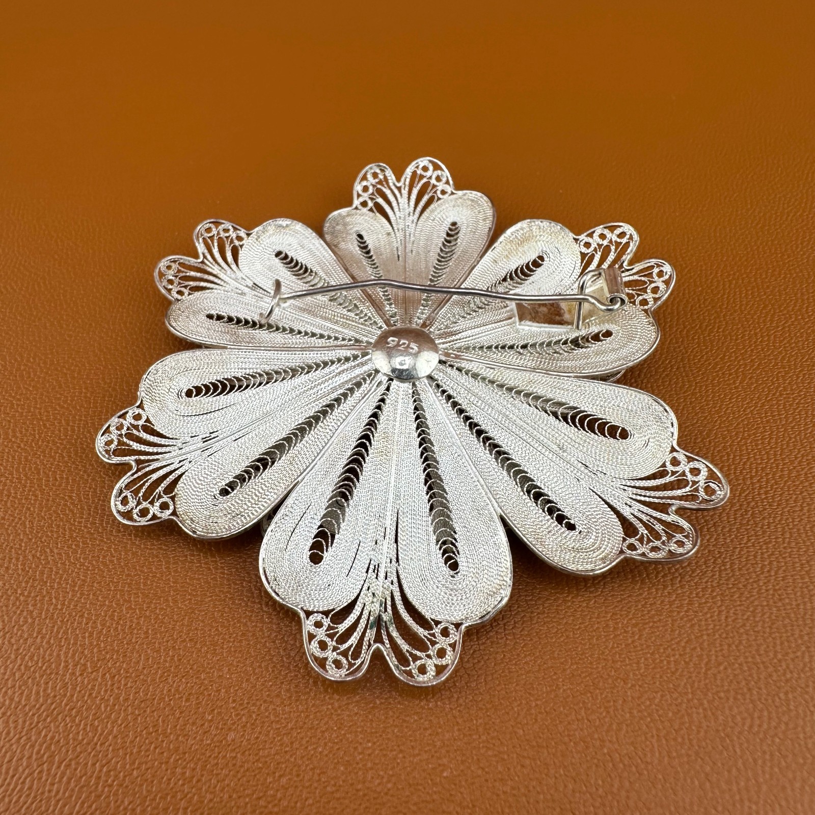 Vintage Sterling Silver Flower Brooch Pin Cannetille Filigree Floral 925 Signed